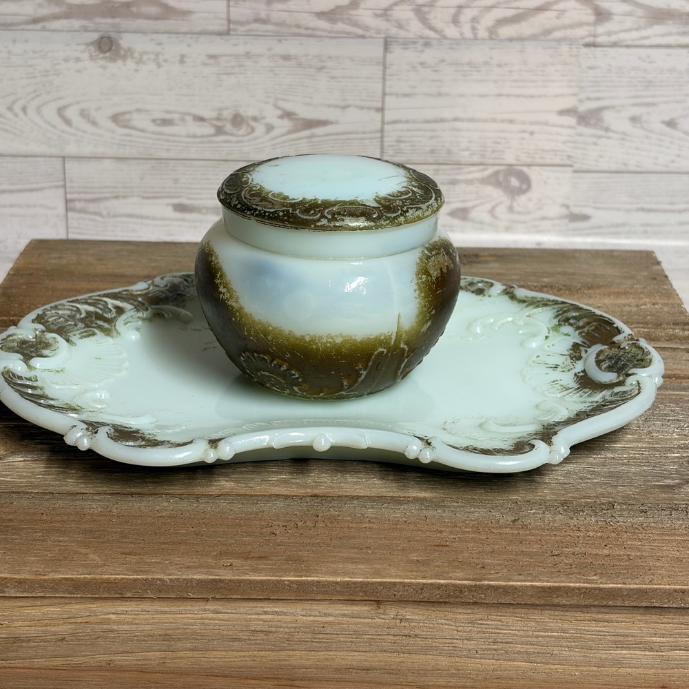 Antique Milk Glass Vanity Set Green Gold Painted Trinket Jar and Tray
